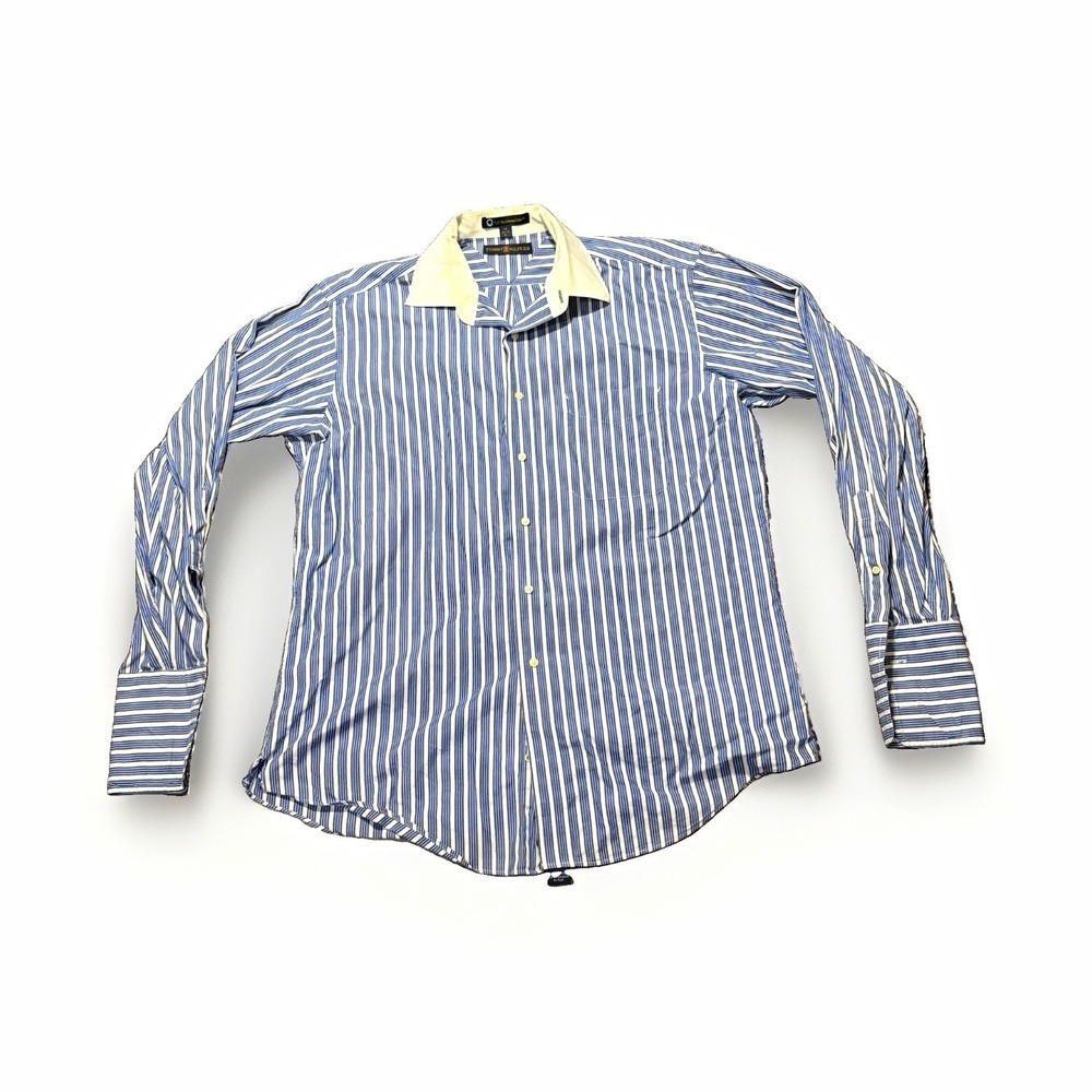Vtg Tommy Hilfiger TLC Lifetime Collar Dress Shirt 16 34/35 Blue White Stripe
